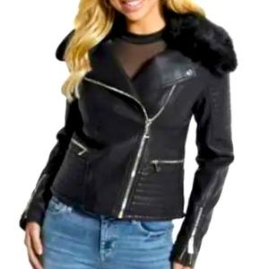 Guess Womens Black Faux Leather Motorcycle Jacket